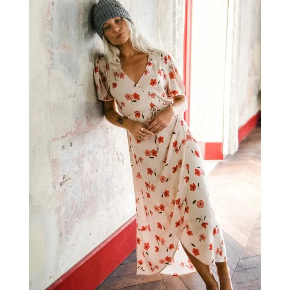 Billabong Floral Fields Midi Wrap Dress Cream‎ Red Pink Floral XS Spring Summer